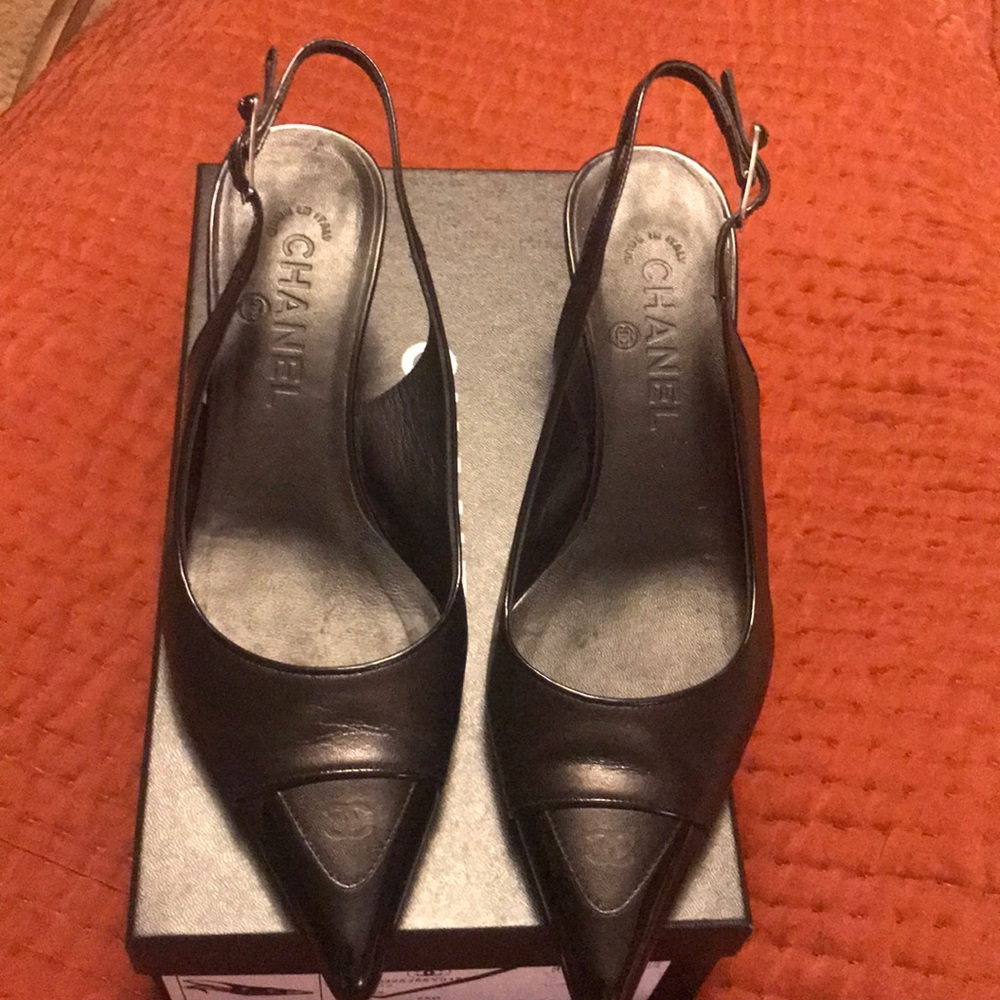 Classic CHANEL Black Leather CC Slingback Pumps